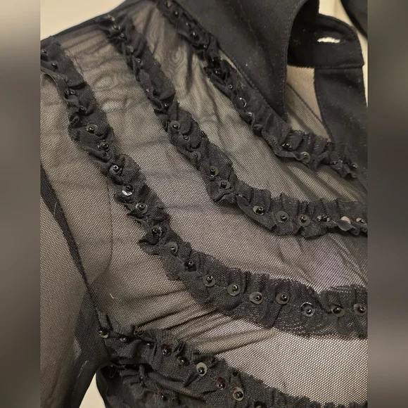TAGLIA42 Black Sheer Ruffle-Trim Button-Up Blouse - Picture 7 of 8
